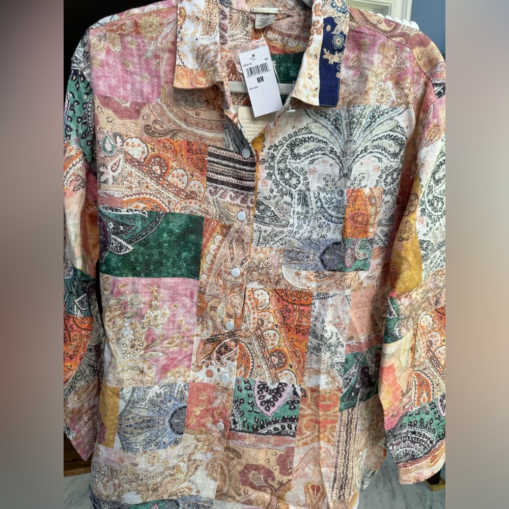 Magaschoni Multi-color Linen button down long sleeve blouse